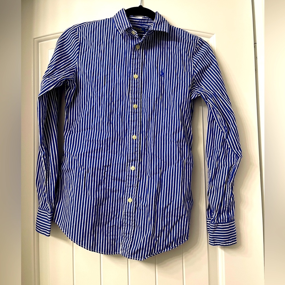 Ralph Lauren Women Button Down Blue White Stripe  100% cotton Blouse Size 2